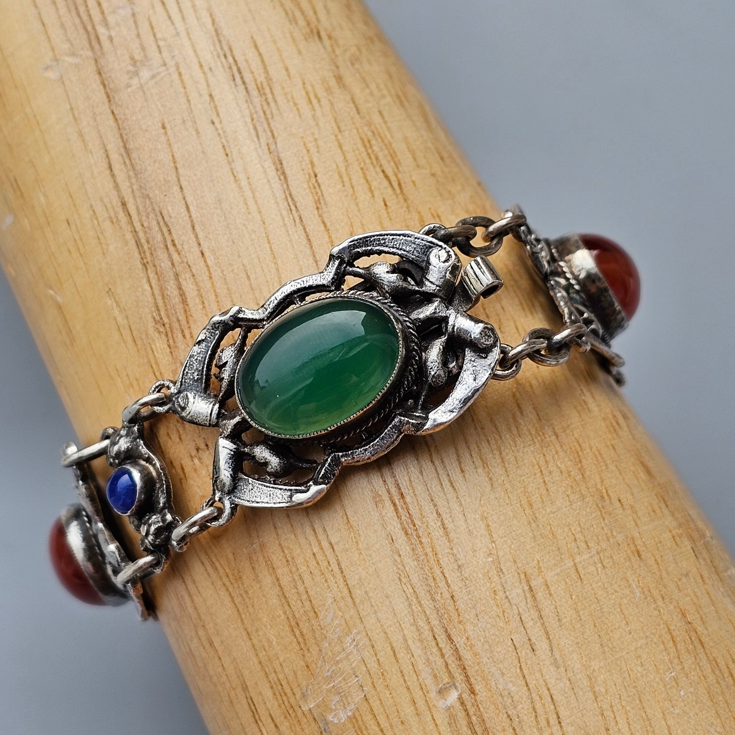 Antique Arts & Crafts Era Sterling Silver, Agate & Lapis Cabochon Stone Bracelet by Zoltan White