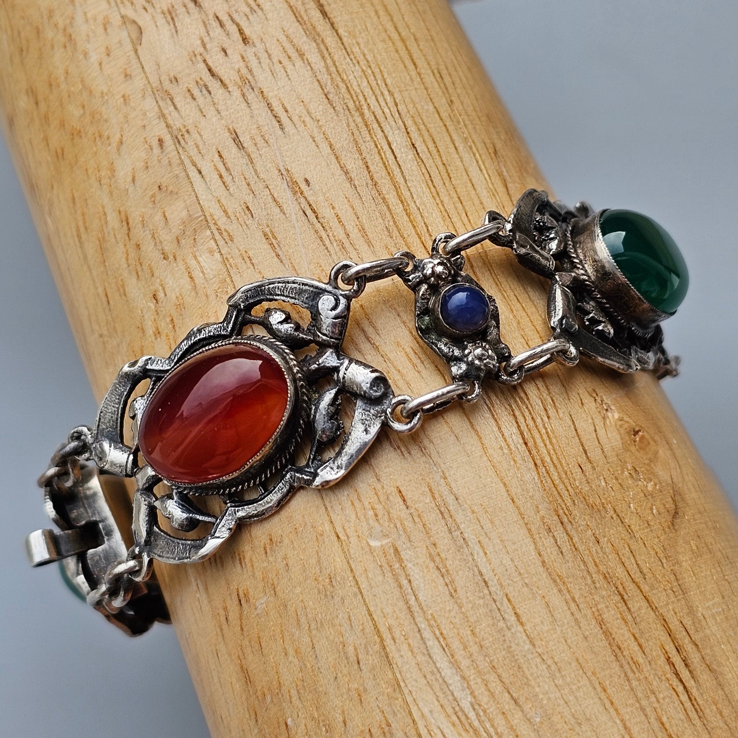 Antique Arts & Crafts Era Sterling Silver, Agate & Lapis Cabochon Stone Bracelet by Zoltan White