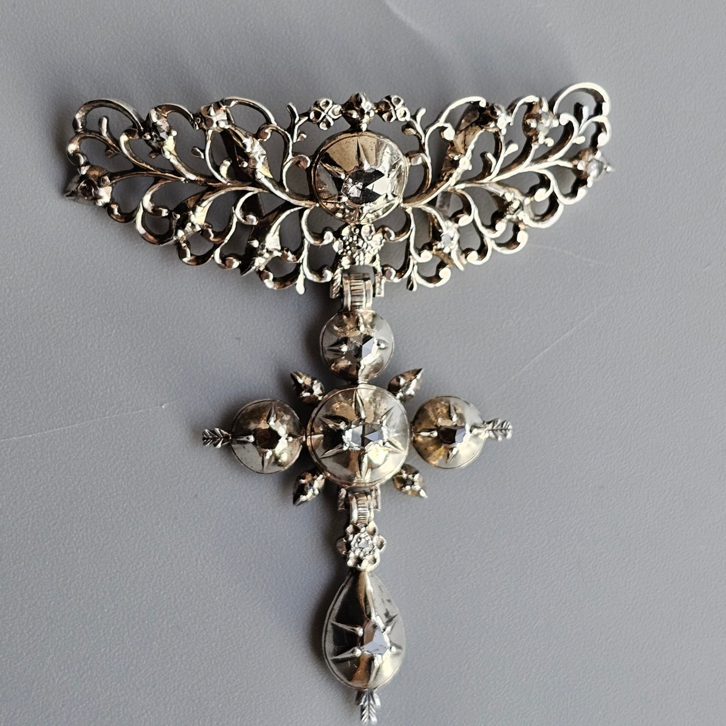 Georgian Antique Silver Collet Set Diamond Cross Pendant