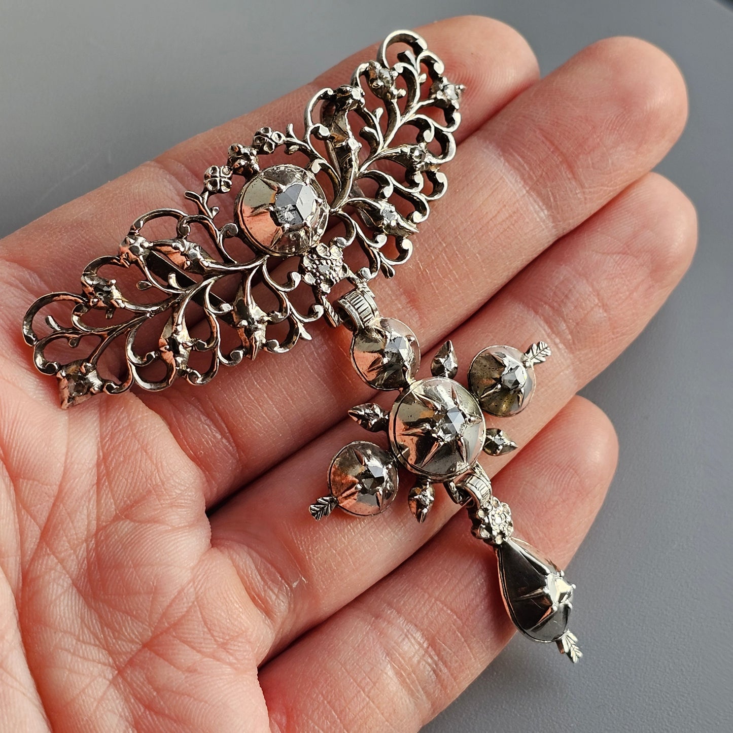 Georgian Antique Silver Collet Set Diamond Cross Pendant