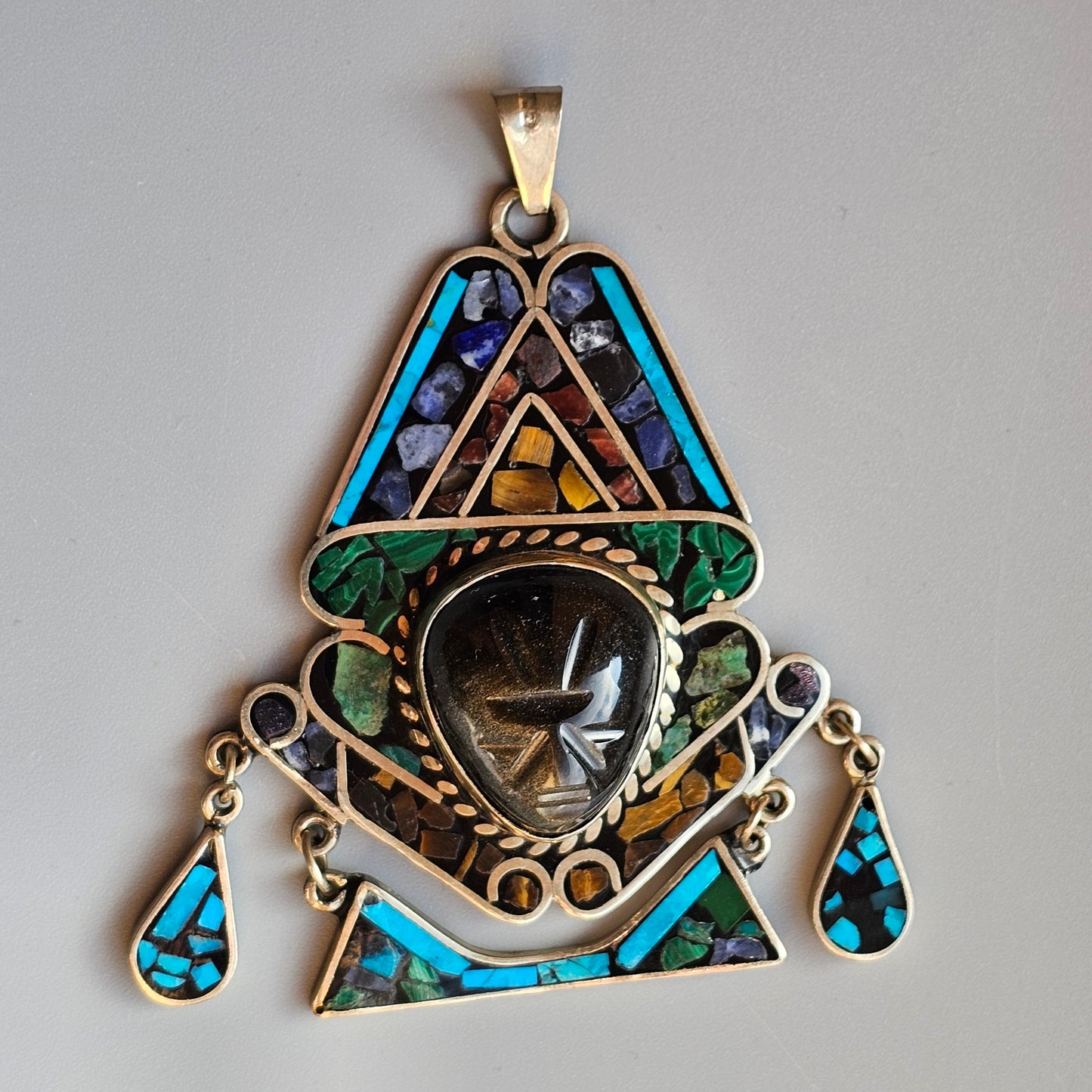 1990s Mexican Sterling Silver Aztec Warrior Pendant with Gemstones