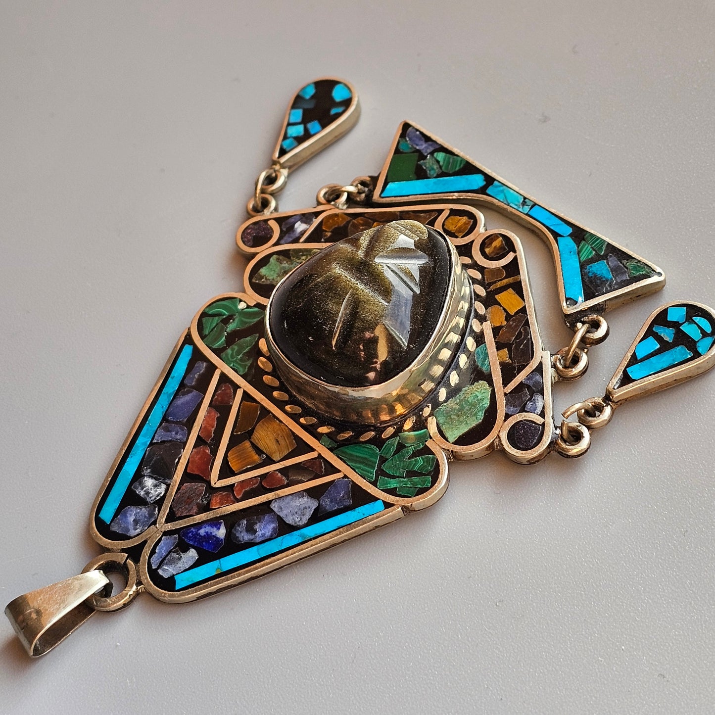 1990s Mexican Sterling Silver Aztec Warrior Pendant with Gemstones