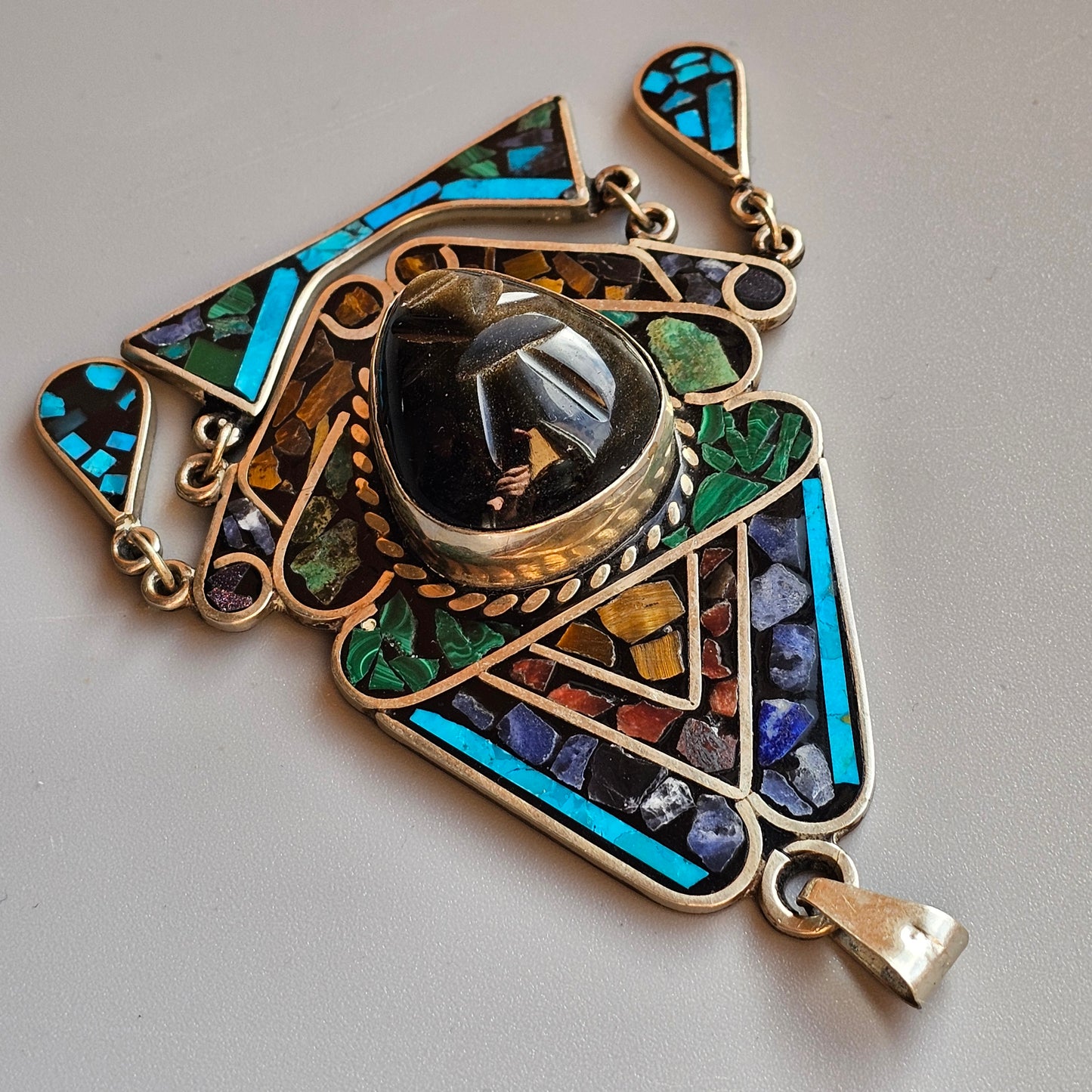 1990s Mexican Sterling Silver Aztec Warrior Pendant with Gemstones