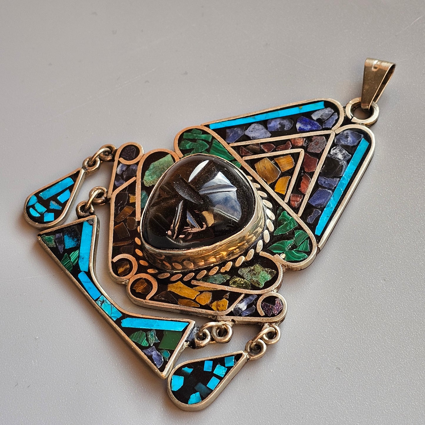 1990s Mexican Sterling Silver Aztec Warrior Pendant with Gemstones