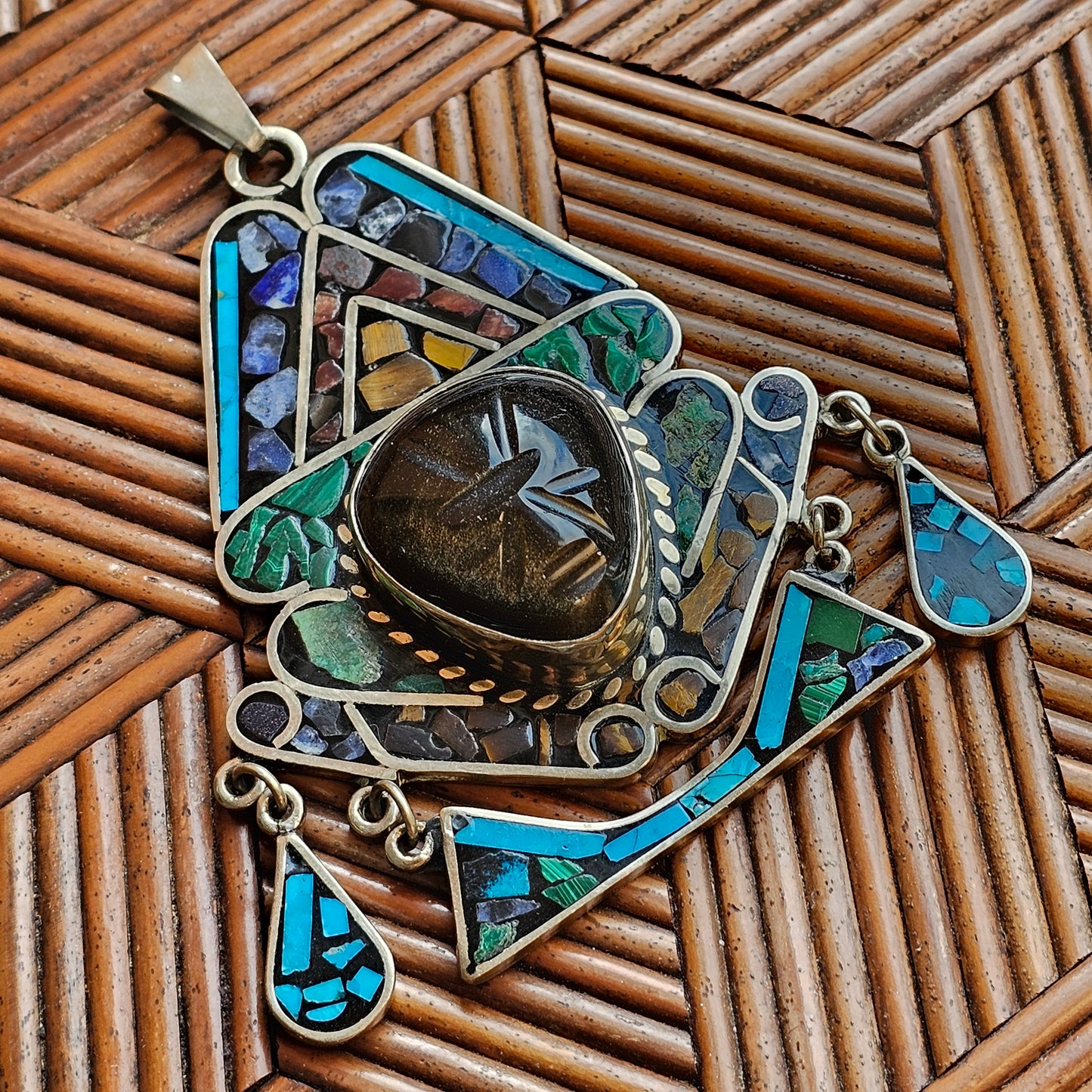 1990s Mexican Sterling Silver Aztec Warrior Pendant with Gemstones