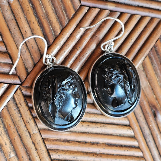 Victorian Whitby Jet Cameo Earrings with Sterling Silver Mounts