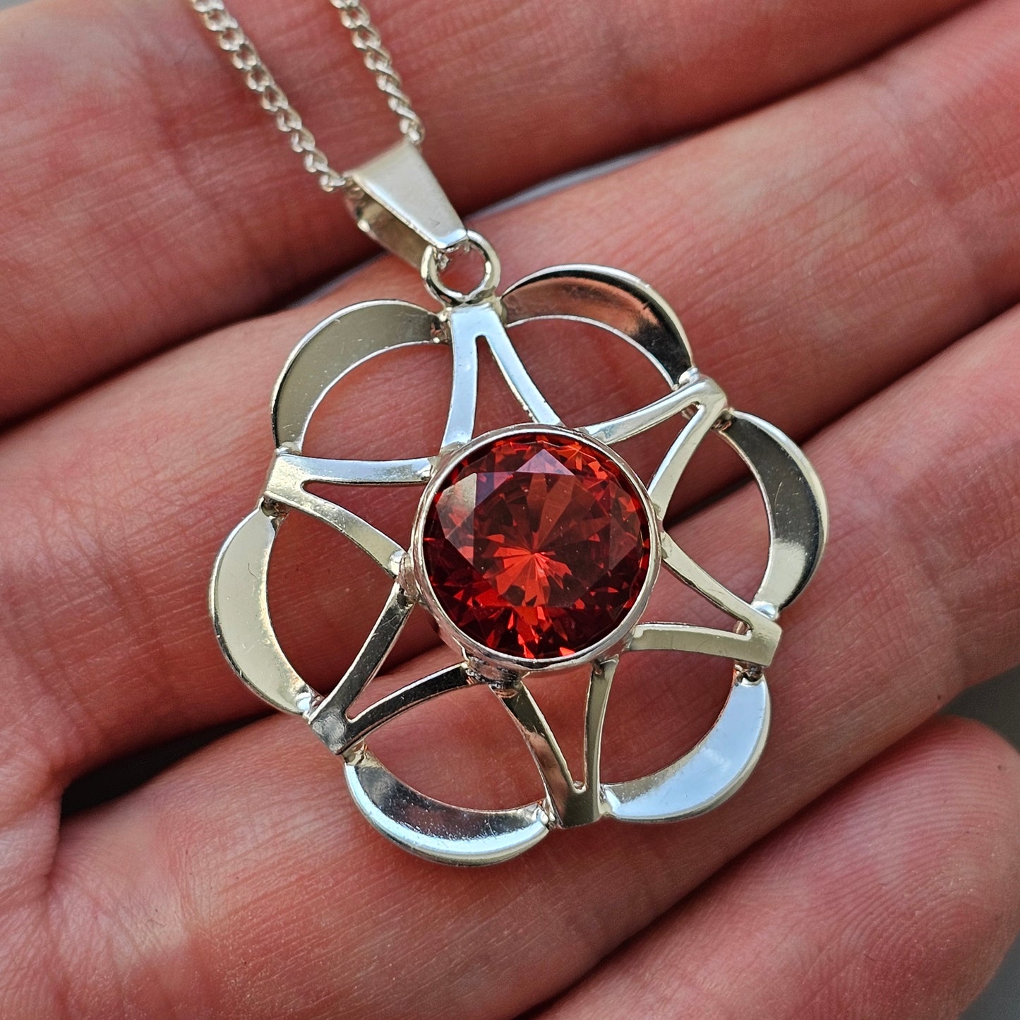 Finnish Modernist Silver & Lab-Created Red Orange Sapphire Necklace Pendant by Kultaseppa Salovaara - Necklaces