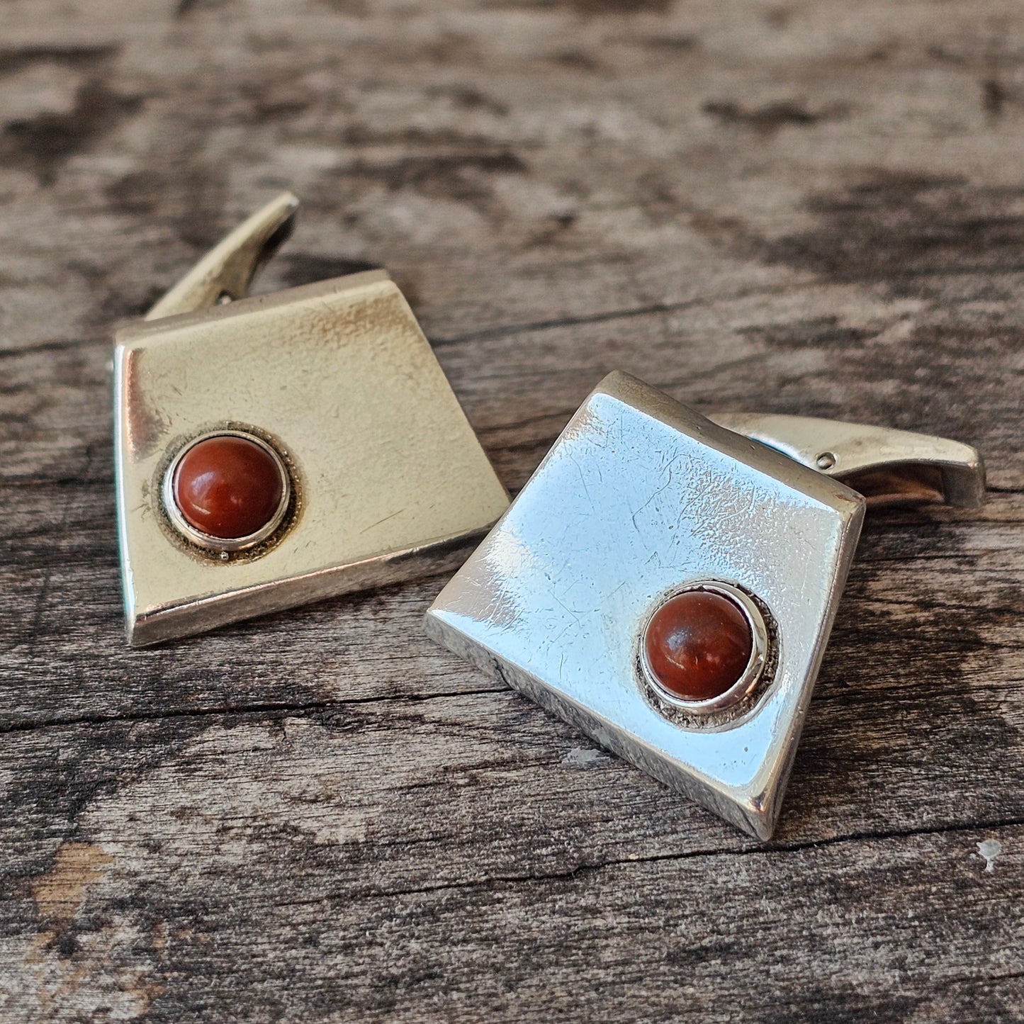 Vintage 1960s Modernist Finnish Silver & Jasper Stone Cufflinks 1961