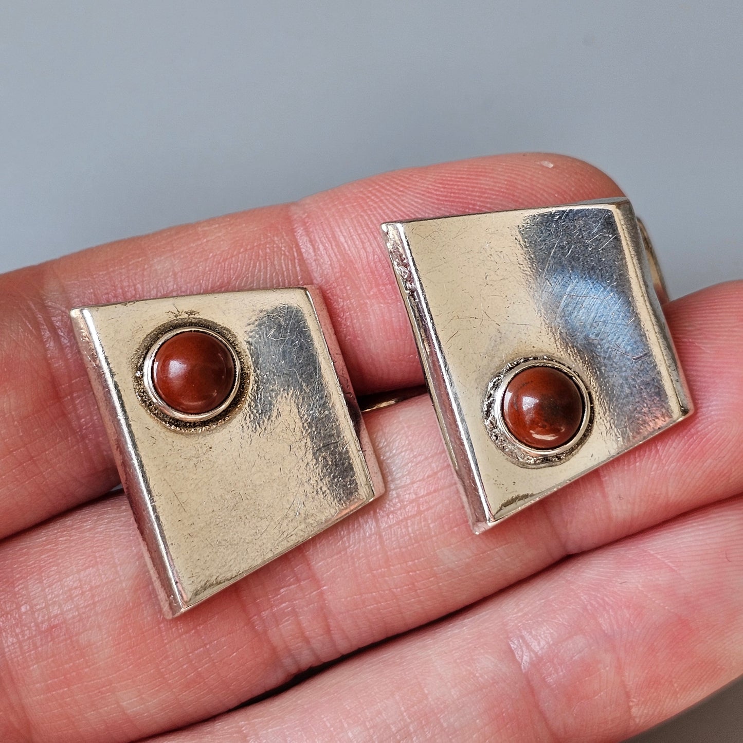 Vintage 1960s Modernist Finnish Silver & Jasper Stone Cufflinks 1961