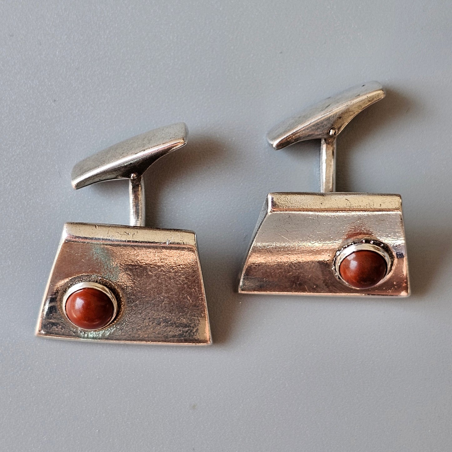 Vintage 1960s Modernist Finnish Silver & Jasper Stone Cufflinks 1961