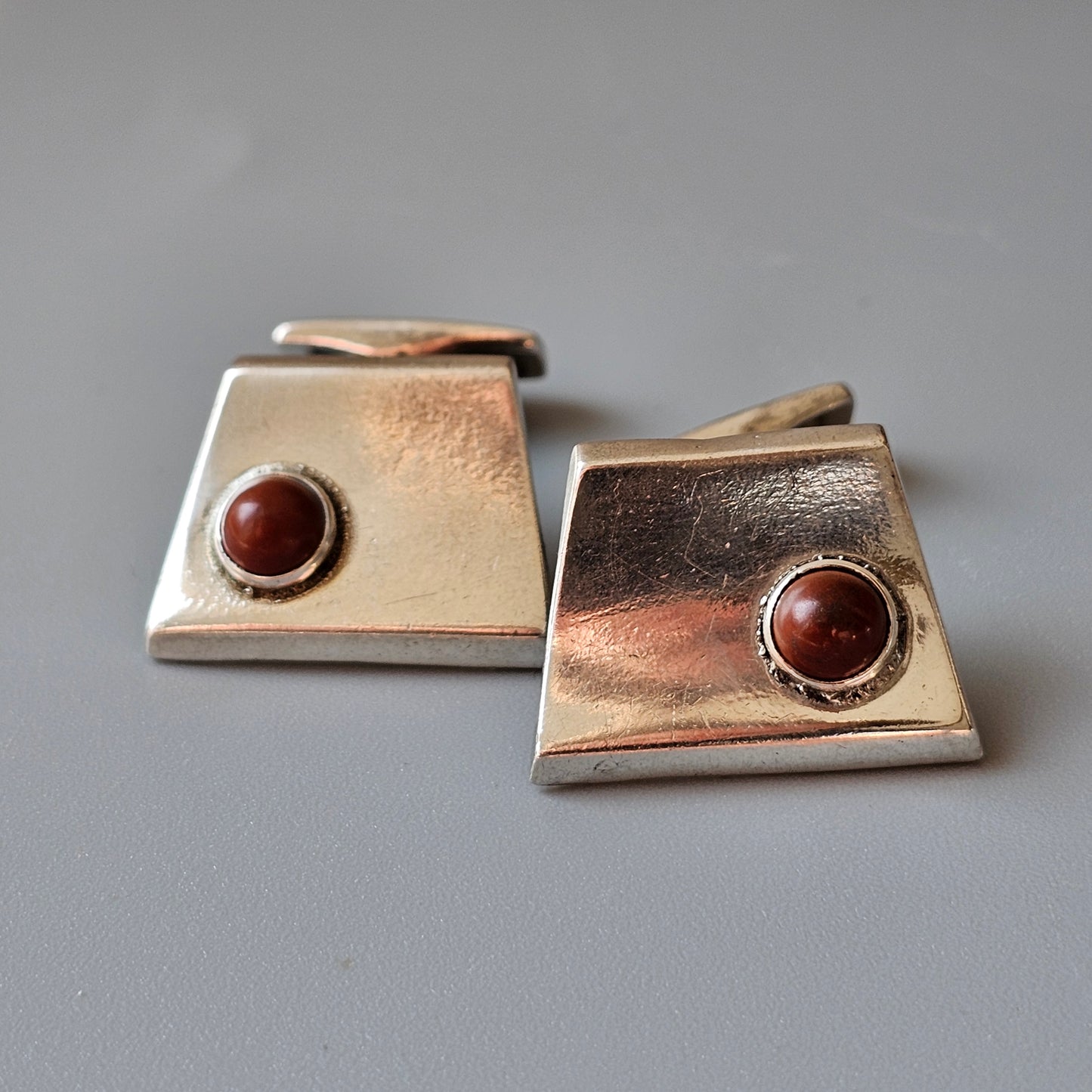 Vintage 1960s Modernist Finnish Silver & Jasper Stone Cufflinks 1961