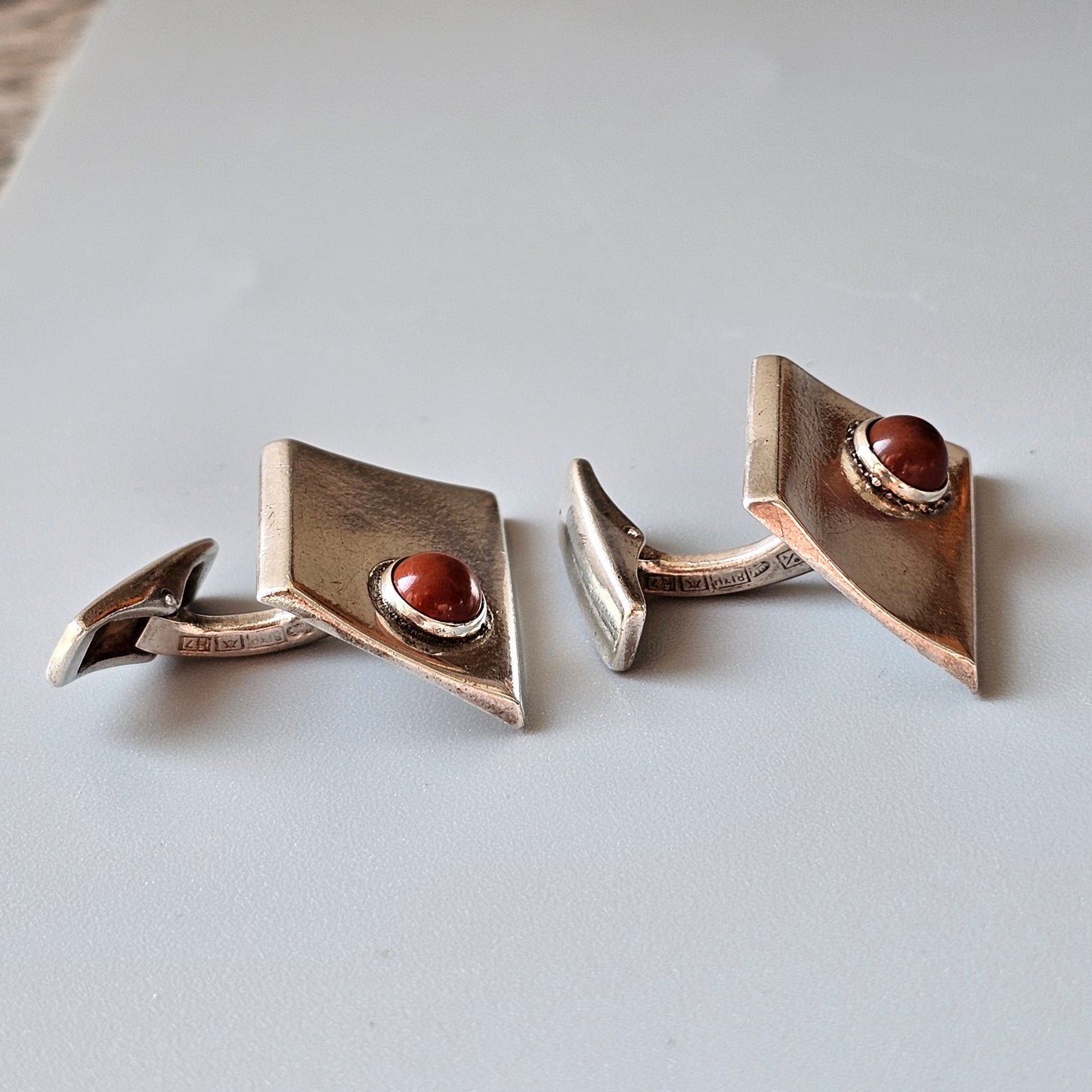 Vintage 1960s Modernist Finnish Silver & Jasper Stone Cufflinks 1961