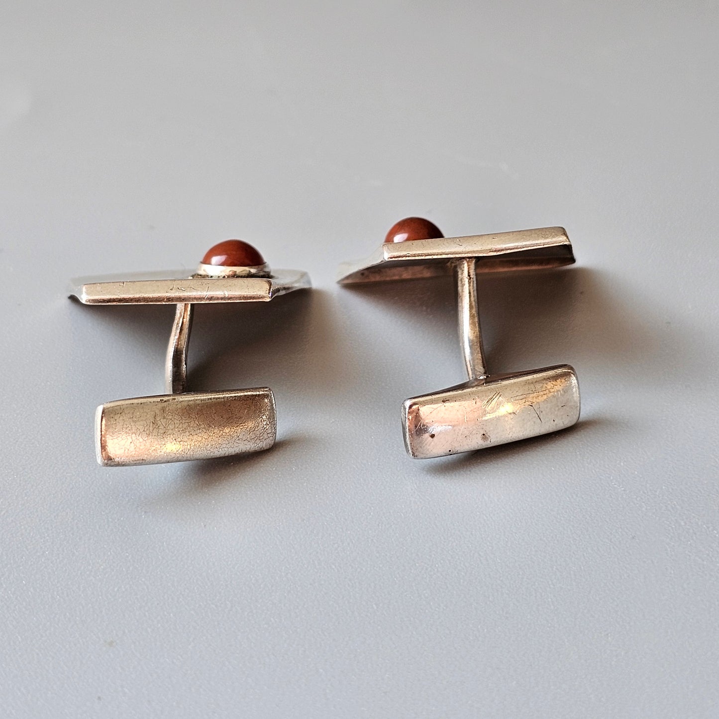 Vintage 1960s Modernist Finnish Silver & Jasper Stone Cufflinks 1961