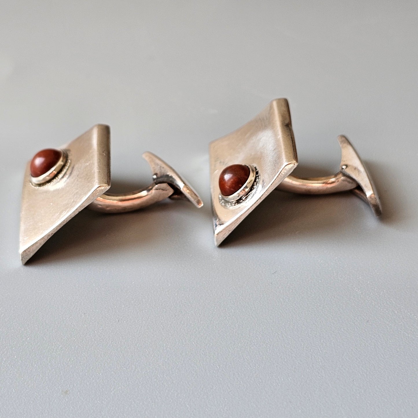 Vintage 1960s Modernist Finnish Silver & Jasper Stone Cufflinks 1961