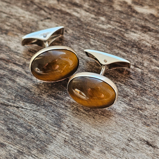 1960s Vintage Silver & Tigers Eye Cufflinks Modernist by Finnish Jalosepot 1964