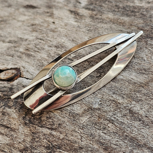 Finnish 1960s 1970s Modernist Silver & Amazonite Brooch by Turun Hopea