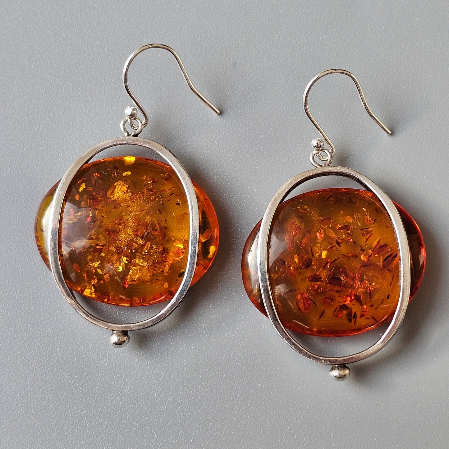 Vintage Modernist Silver & Baltic Amber Dangly Earrings