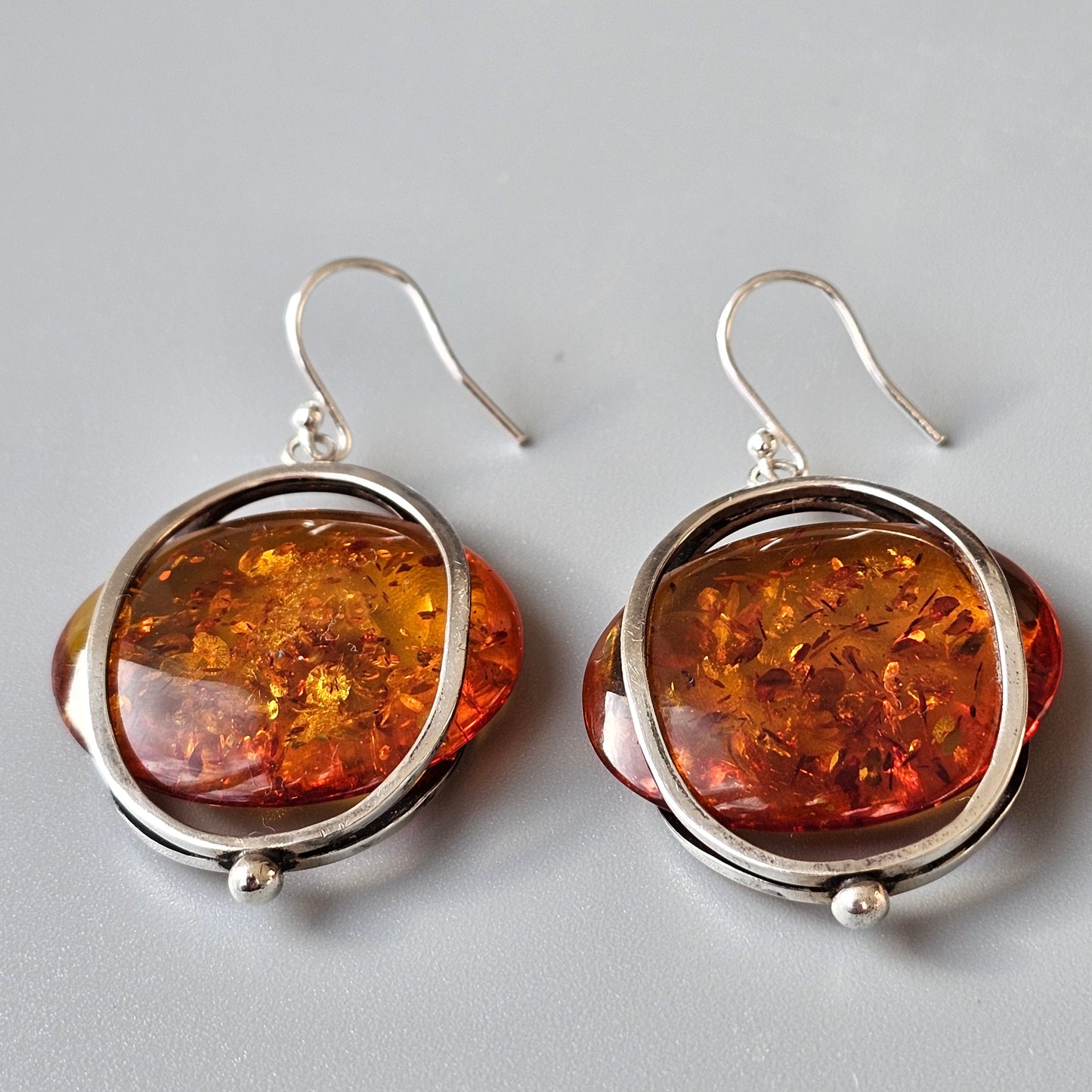 Vintage Modernist Silver & Baltic Amber Dangly Earrings