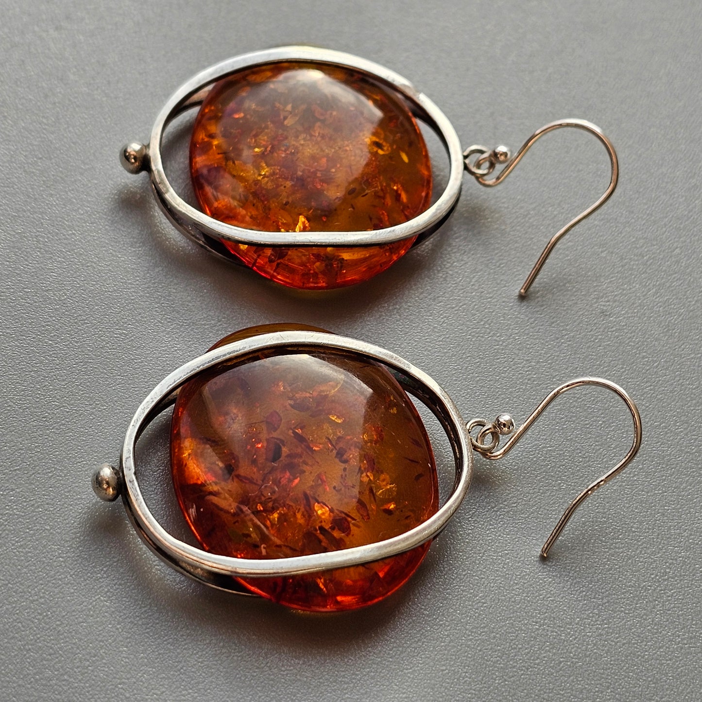 Vintage Modernist Silver & Baltic Amber Dangly Earrings