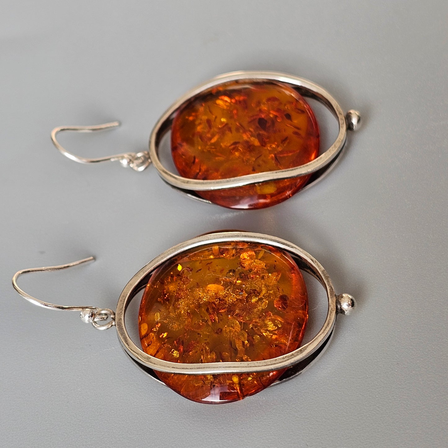 Vintage Modernist Silver & Baltic Amber Dangly Earrings