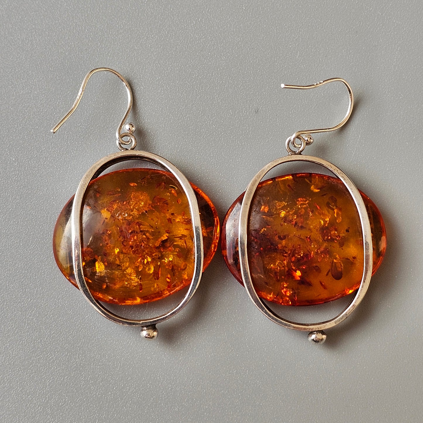 Vintage Modernist Silver & Baltic Amber Dangly Earrings