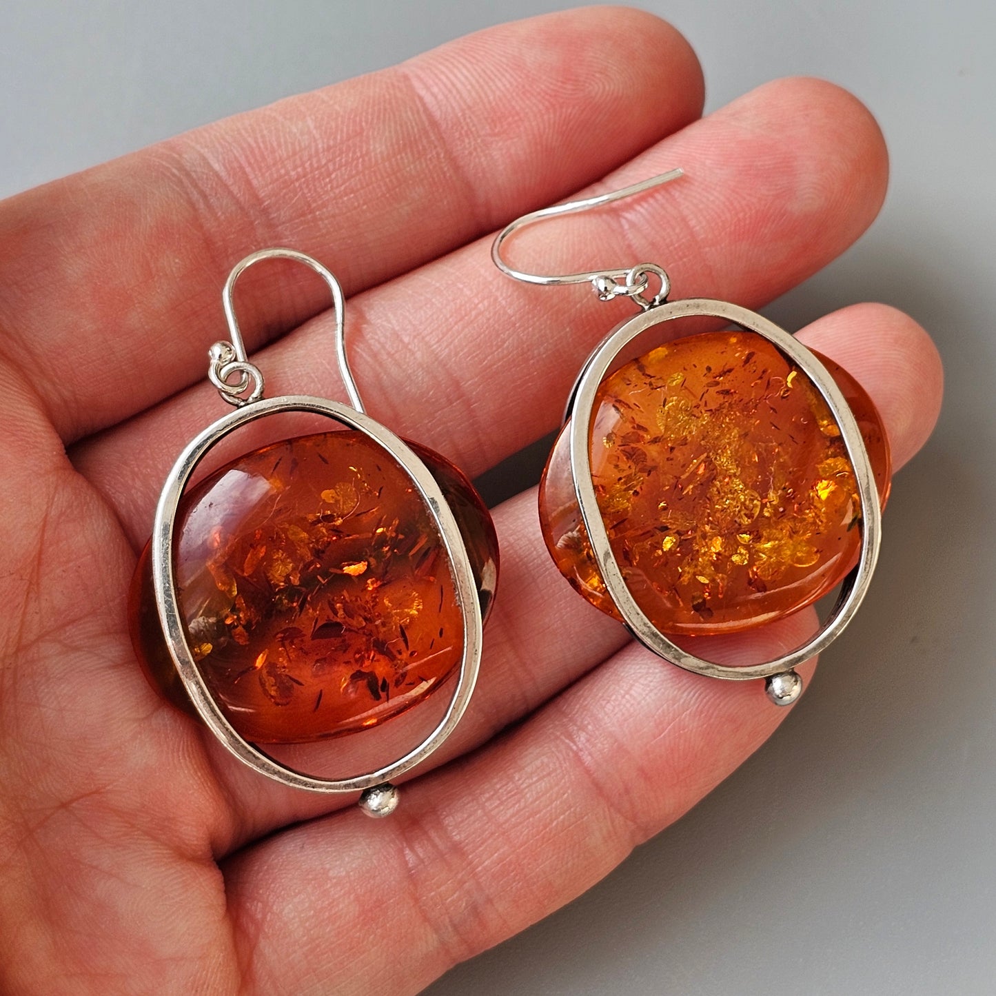 Vintage Modernist Silver & Baltic Amber Dangly Earrings