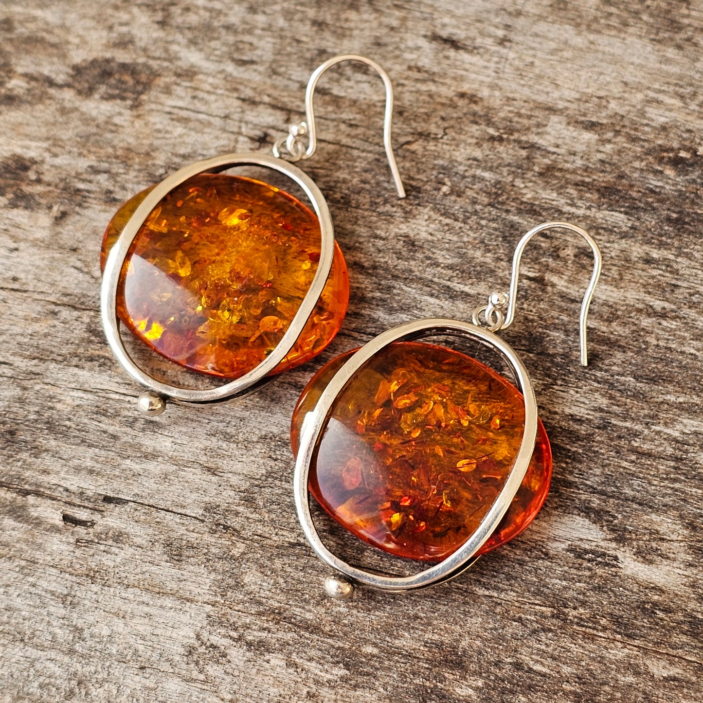 Vintage Modernist Silver & Baltic Amber Dangly Earrings