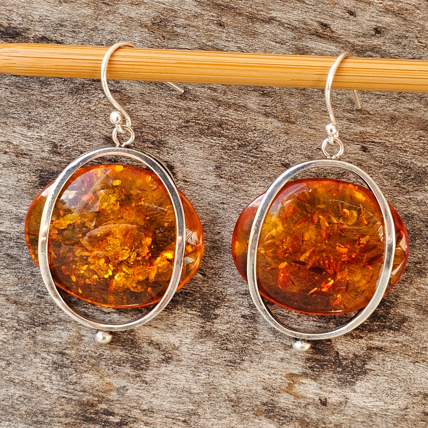 Vintage Modernist Silver & Baltic Amber Dangly Earrings