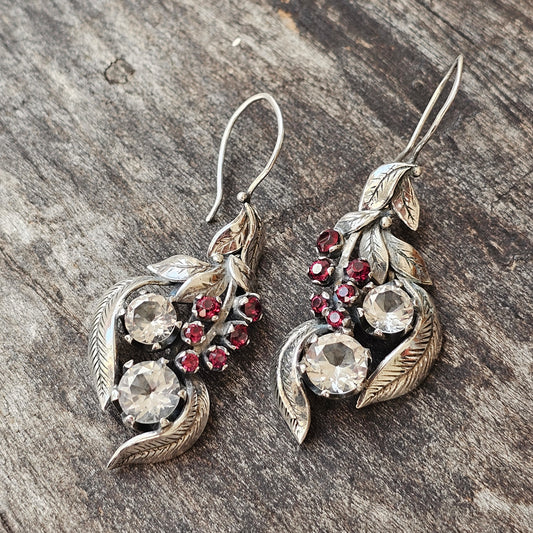 Antique Finnish Silver, White Topaz & Red Garnet Dangly Earrings