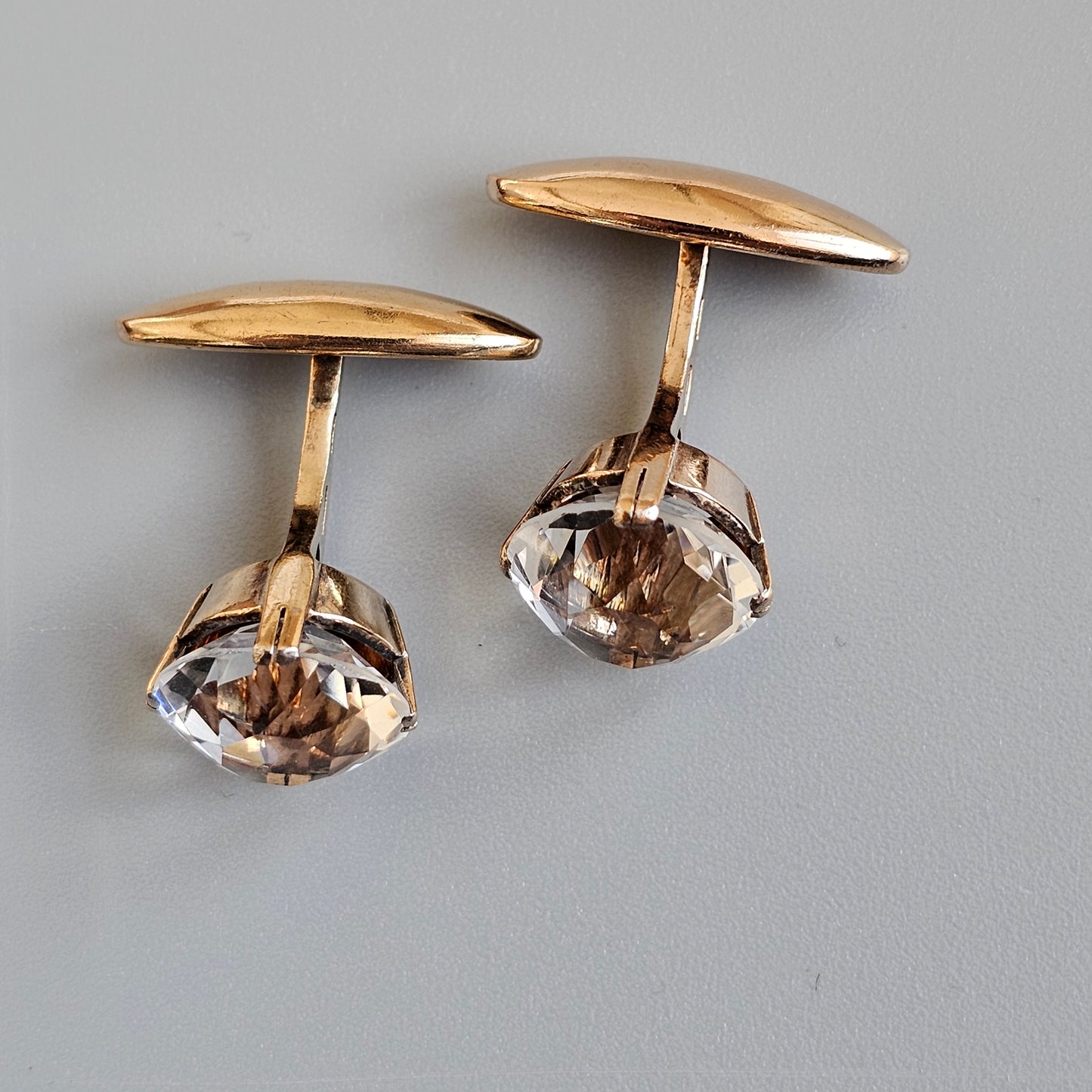 Art Deco Style Vintage Soviet 875 Gilt Silver & Rock Crystal Cufflinks Mid Century Modern