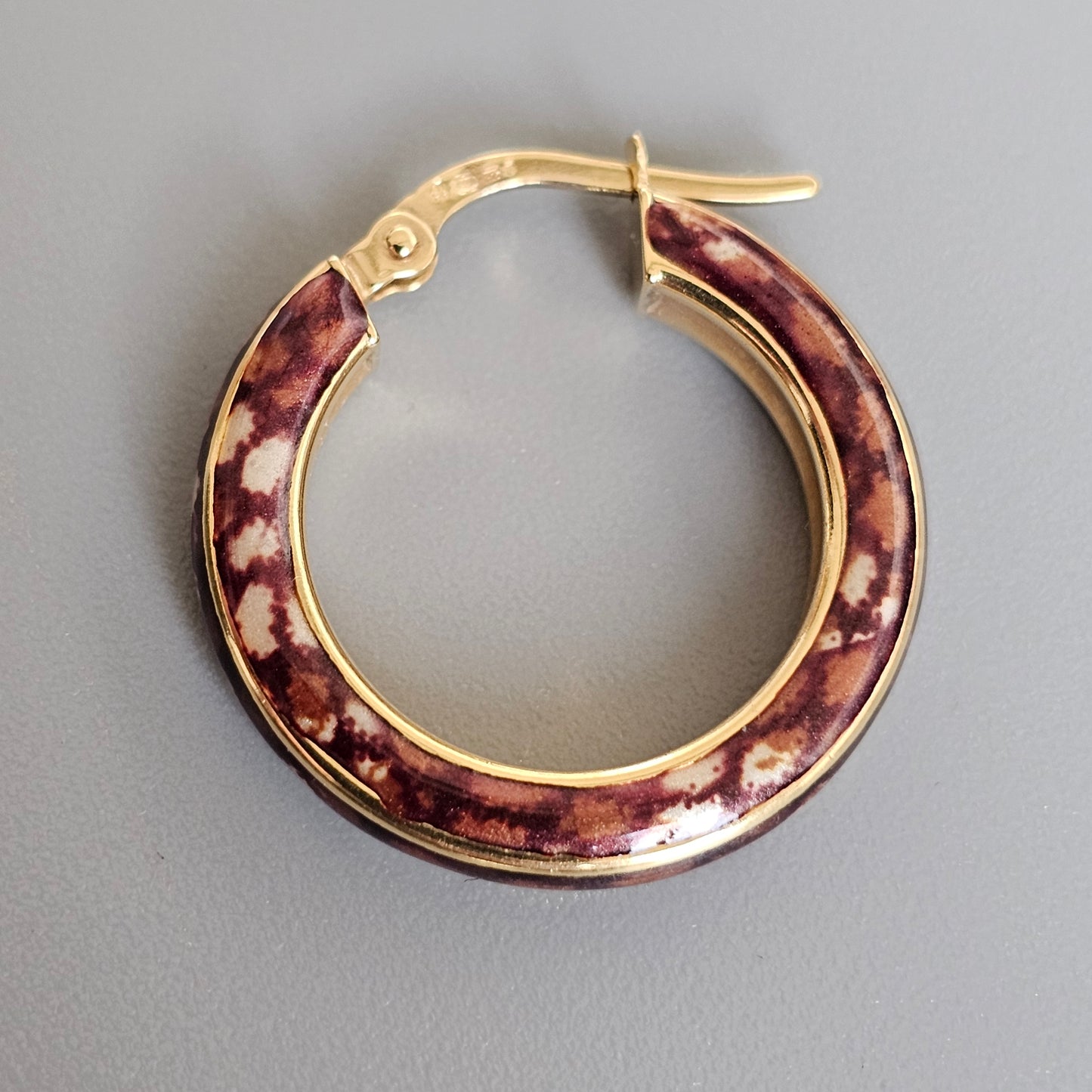 Hallmarked Italian 9ct Yellow Gold & Animal Print Enamel Hoop Earrings 20mm