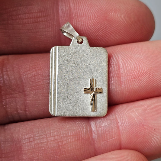 Finnish Sterling Silver Bible Diamond Cut Gold Cross Book Medallion Necklace Pendant