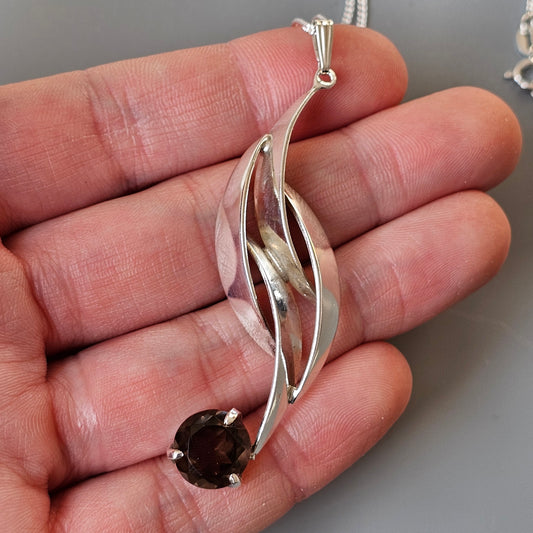 1970s British Modernist Sterling Silver & Smoky Quartz Necklace Pendant 1975