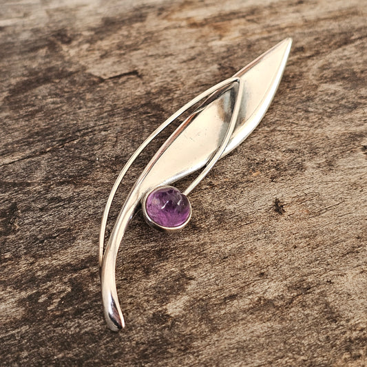 Finnish 1960s Modernist Silver & Amethyst Flower Brooch by Elis Kauppi Kupittaan Kulta 1961