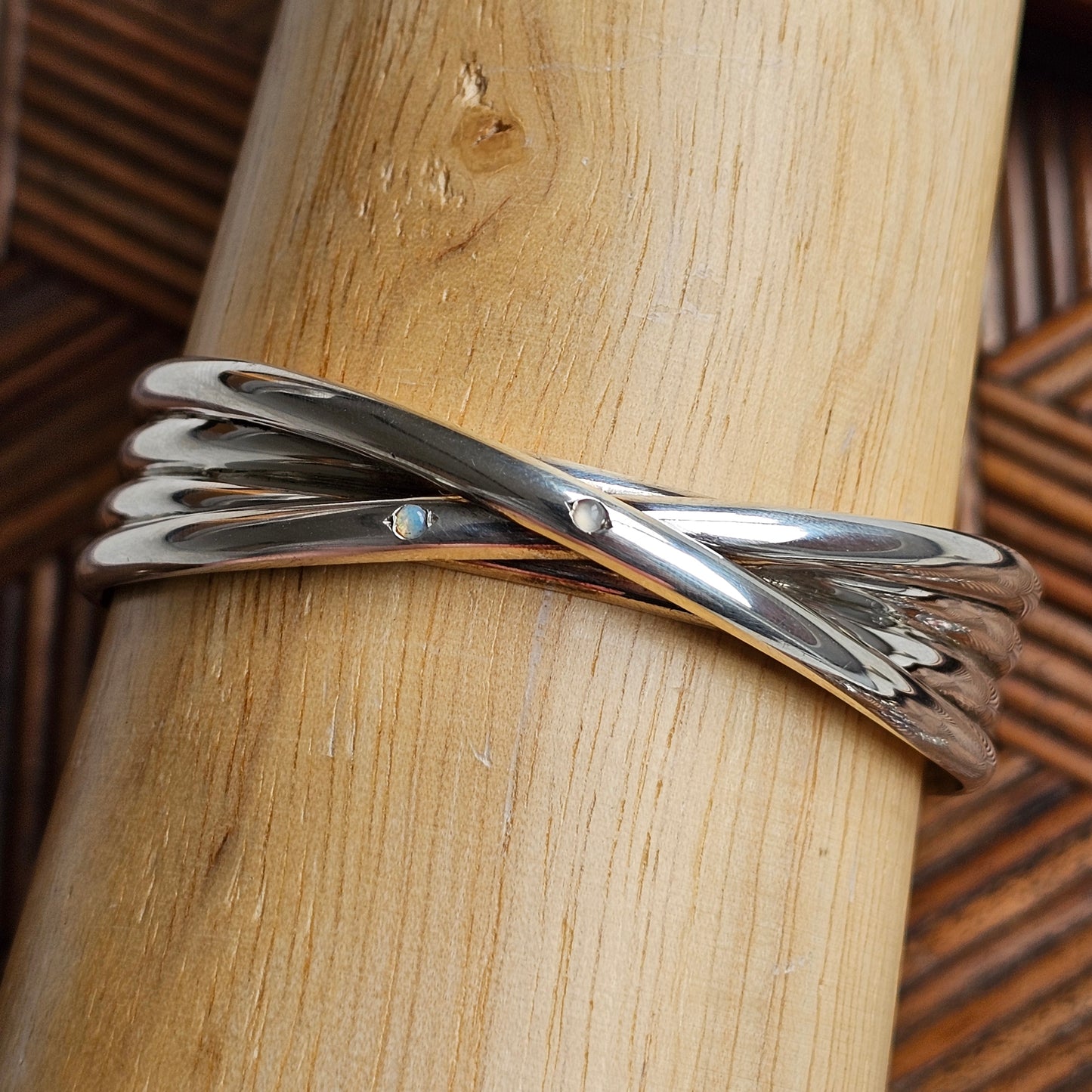 Modern British Sterling Silver Torque Cuff Bangle Bracelet with Opal & Moonstone – Hallmarked 2018