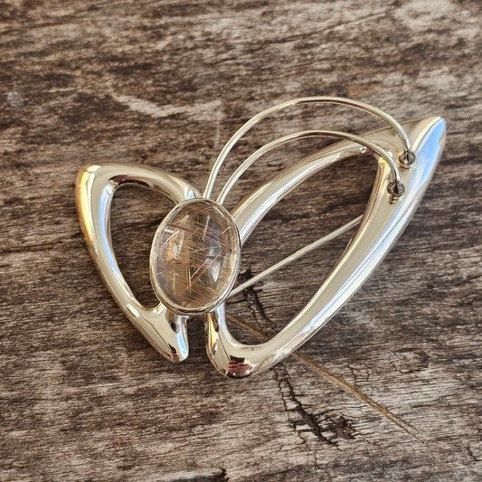 Vintage Finnish Modernist Silver & Rutilated Quartz Butterfly Brooch by Kultaseppa Salovaara 1962
