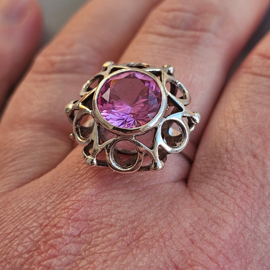 Vintage Finnish Silver & Lab Created Pink Sapphire Modernist Ring 1971