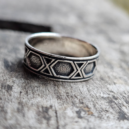 Vintage Modernist Sterling Silver Geometric Band Ring - UK Ring Size X 1/2 -  US Ring Size 11.75