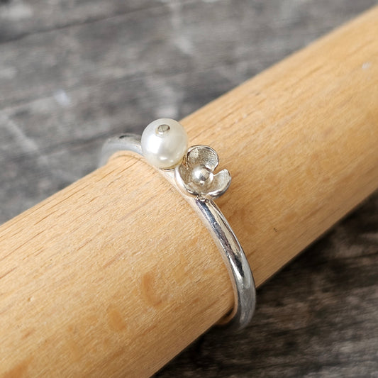 Spinning Danish 925 Sterling Silver Pearl & Flower Stacking Ring SPJ Hans Henrik Nygaard