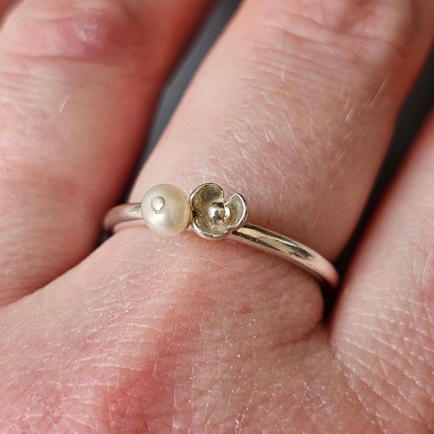 Spinning Danish 925 Sterling Silver Pearl & Flower Stacking Ring SPJ Hans Henrik Nygaard