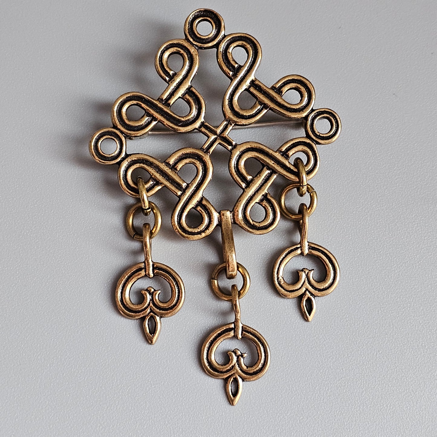 Vintage Kalevala Koru Finland Bronze Middle Ages Era Style Knot Dangly Brooch