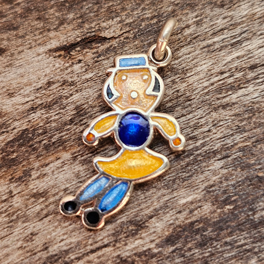 Small Vintage Silver Enamel Ragdoll Girl Bracelet Charm Pendant