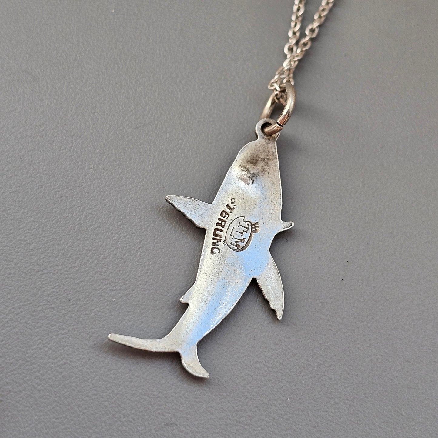 Vintage c1950s Silver Enamel Shark Charm Pendant Necklace