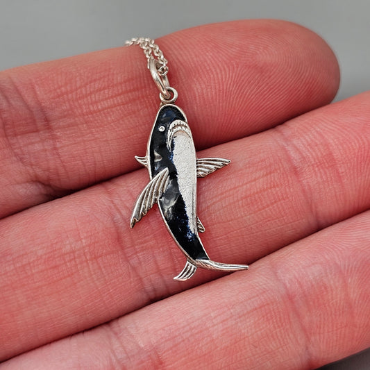 Vintage c1950s Silver Enamel Shark Charm Pendant Necklace