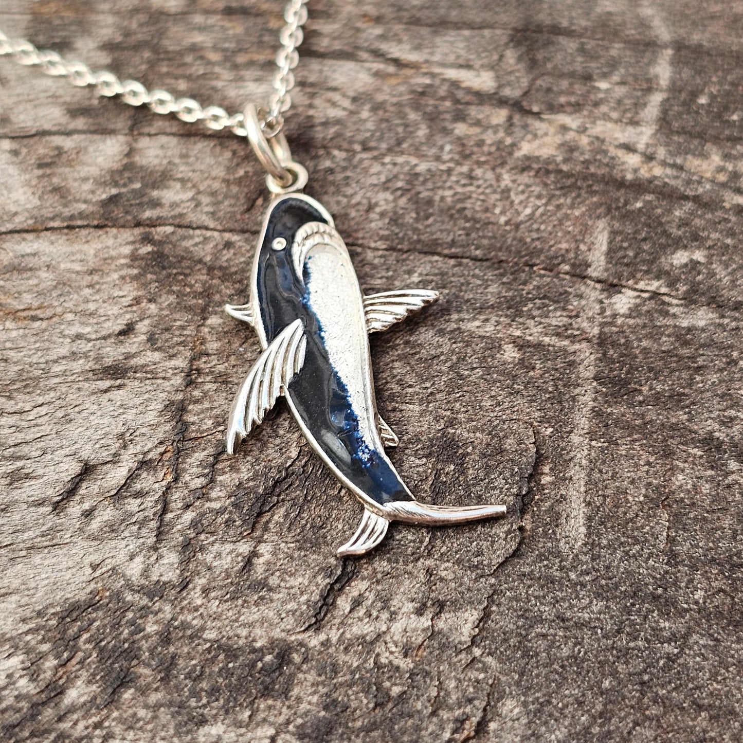 Vintage c1950s Silver Enamel Shark Charm Pendant Necklace