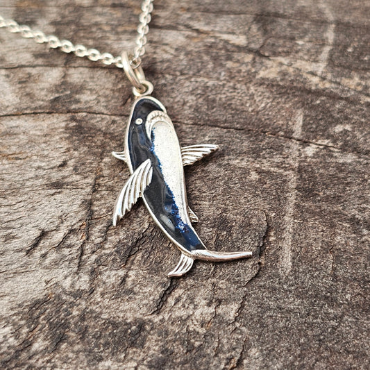 Vintage c1950s Silver Enamel Shark Charm Pendant Necklace