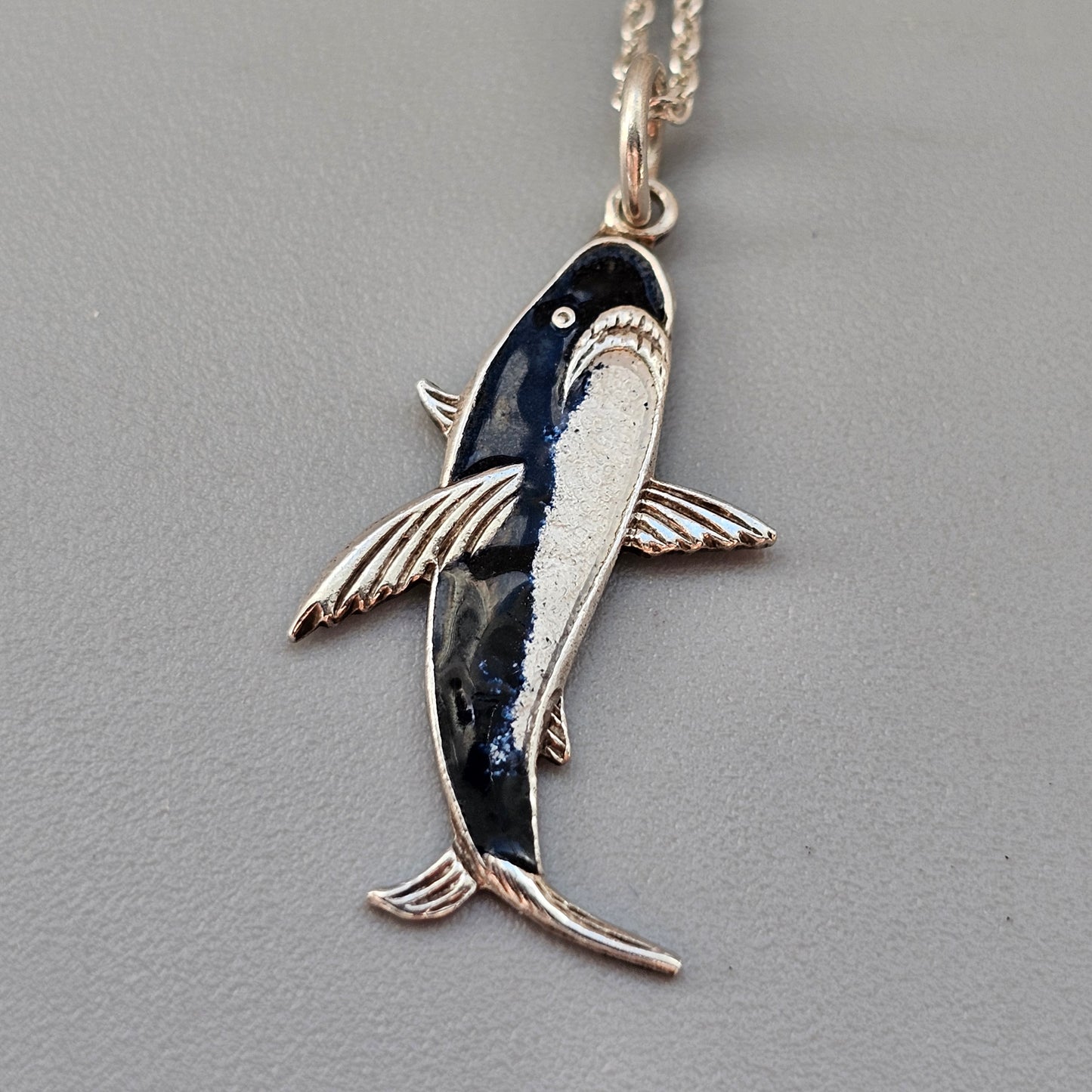 Vintage c1950s Silver Enamel Shark Charm Pendant Necklace