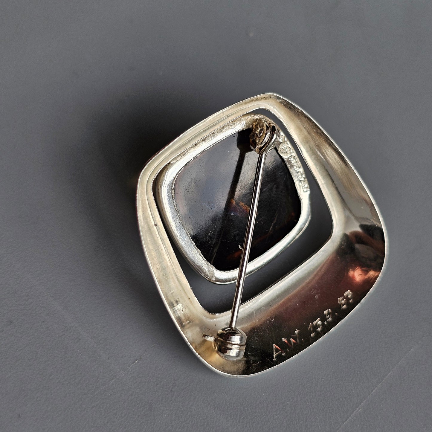 1960s Scandinavian Modernist Silver & Smoky Quartz Stone Brooch — Erik Granit Finland 1963