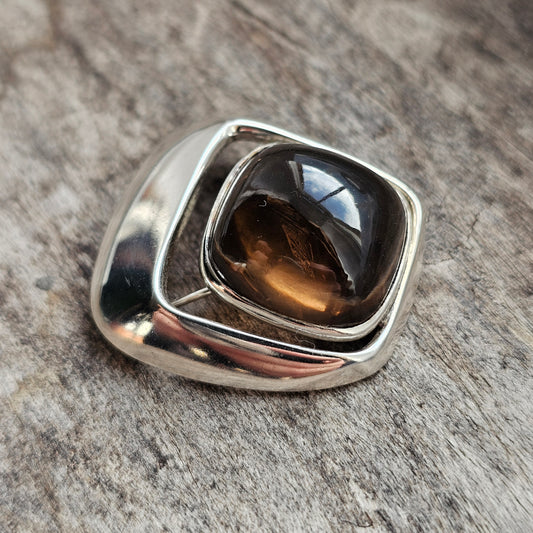 1960s Scandinavian Modernist Silver & Smoky Quartz Stone Brooch — Erik Granit Finland 1963