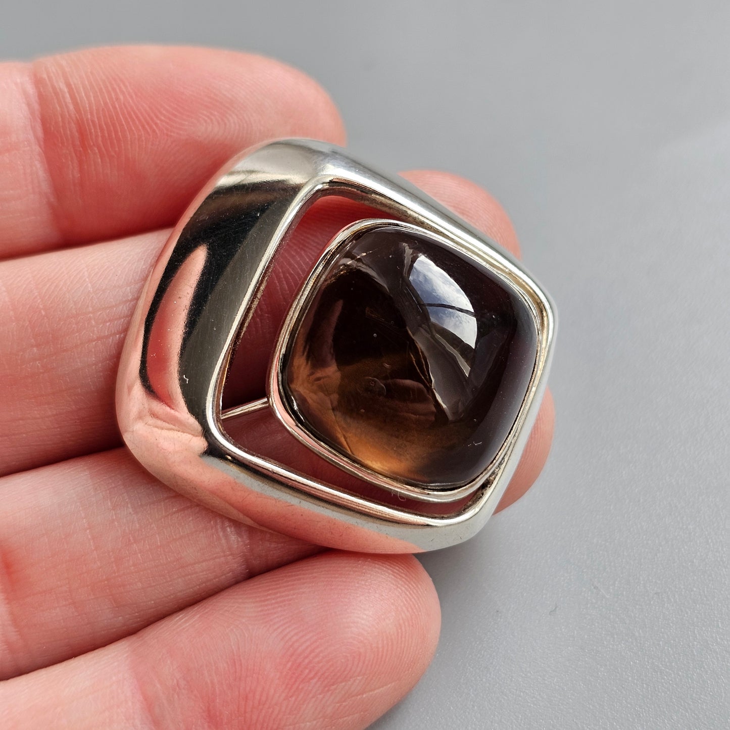 1960s Scandinavian Modernist Silver & Smoky Quartz Stone Brooch — Erik Granit Finland 1963